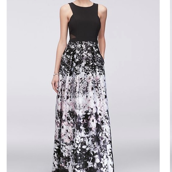 XSCAPE printed satin ball gown with illusion sides - Picture 1 of 12